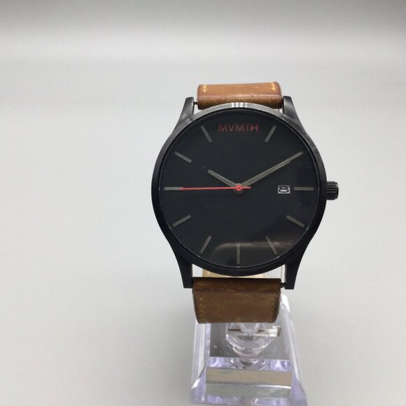 MVMT Classic Watch Men 45mm Black Date Brown Leather Band New Battery - Picture 2 of 16